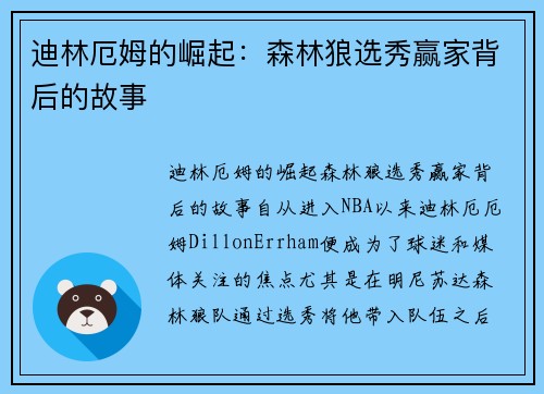 迪林厄姆的崛起：森林狼选秀赢家背后的故事
